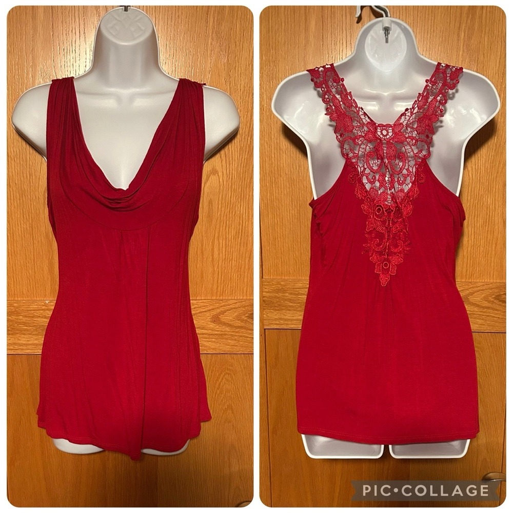 Vintage Y2K Studio Y Red Cowl Neck Embroidered Lace Draped Tank Top Women's‎ L